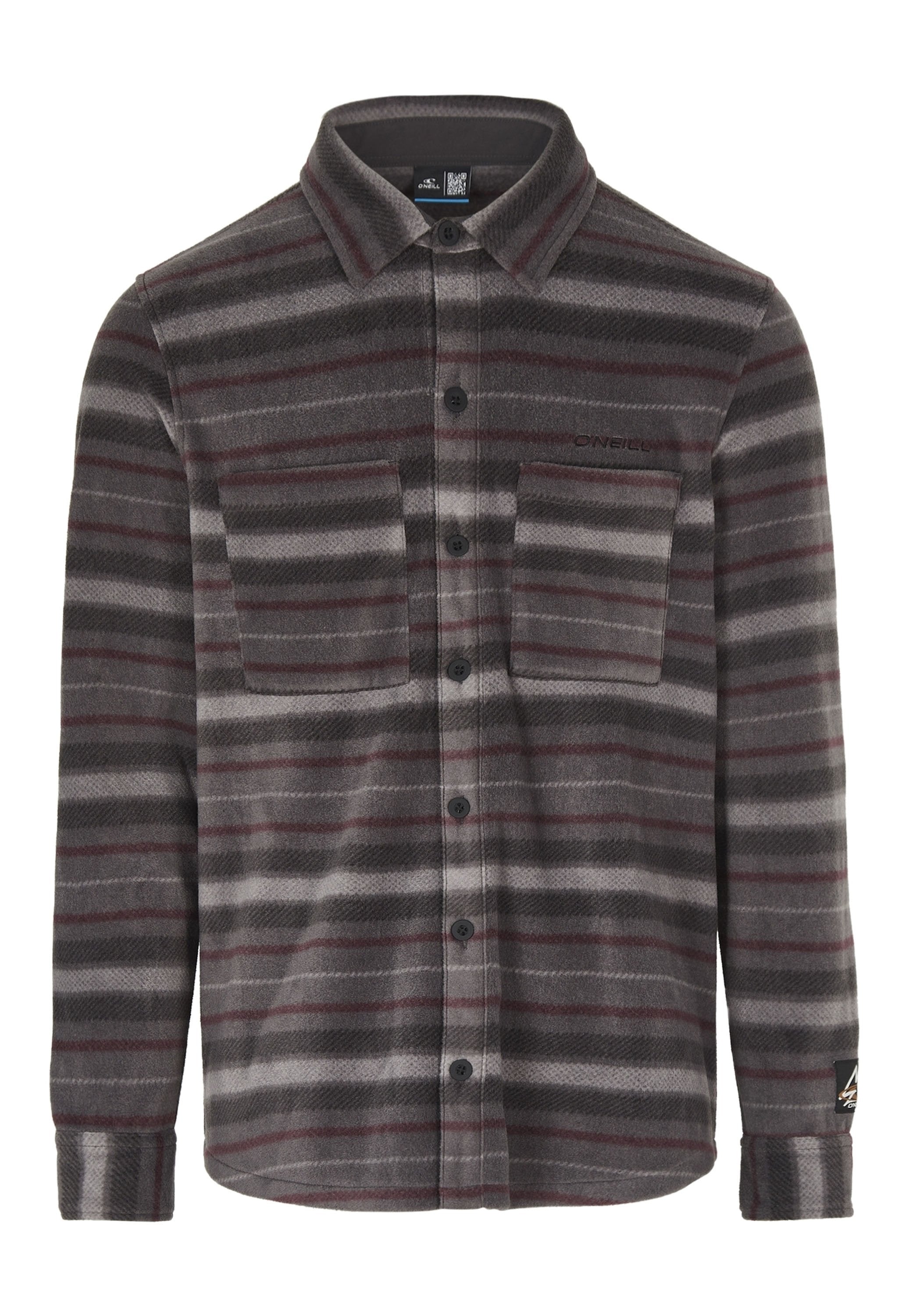 Grau gestreiftes Flanellhemd mit horizontalen marsala-roten Streifen, frontale Knopfleiste, zwei Brusttaschen und Markenetikett am Ärmel.