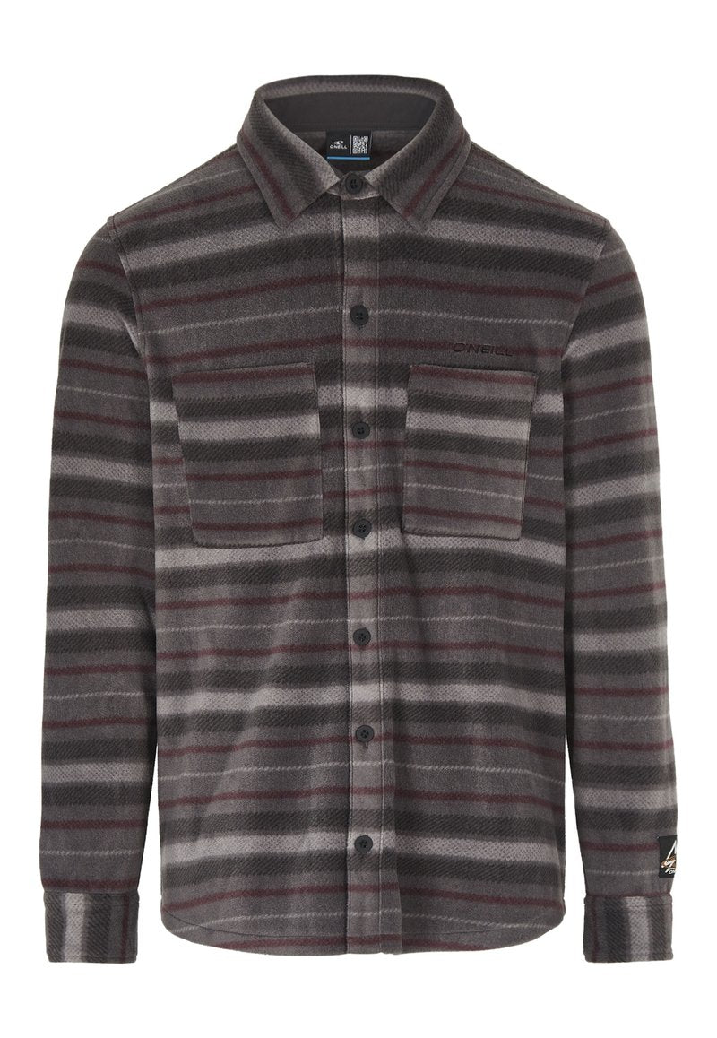Grau gestreiftes Flanellhemd mit horizontalen marsala-roten Streifen, frontale Knopfleiste, zwei Brusttaschen und Markenetikett am Ärmel.
