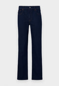 Dunkelblaue Jeans mit geradem Bein, aus Denim-Stoff. Merkmale sind ein vorderer Knopfverschluss und fünf Taschen.
