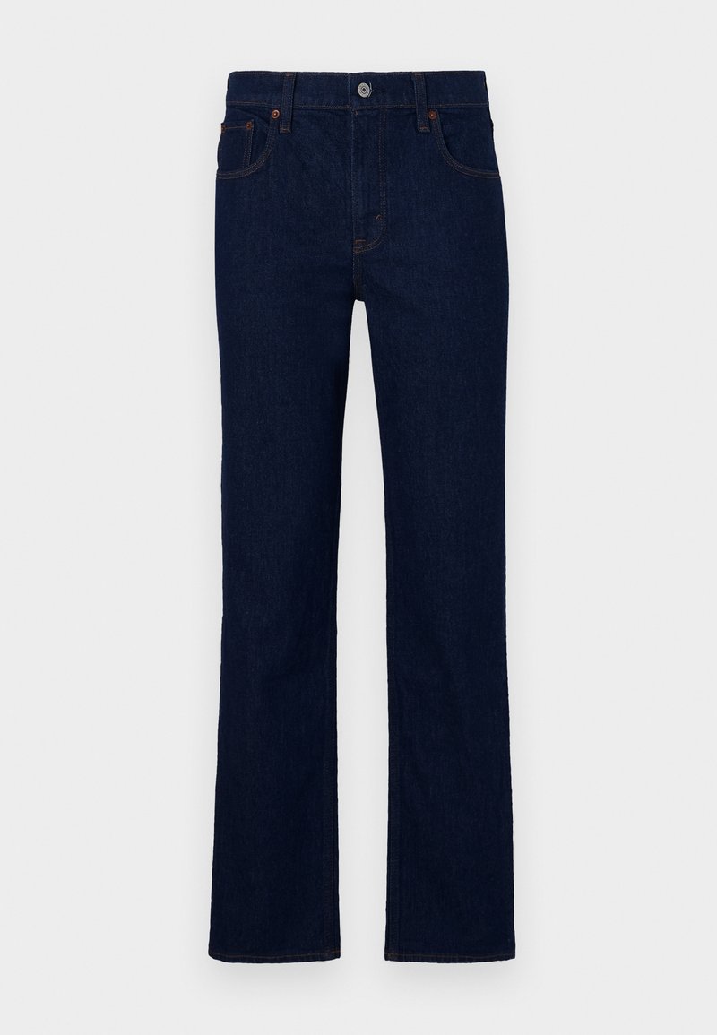 Dunkelblaue Jeans mit geradem Bein, aus Denim-Stoff. Merkmale sind ein vorderer Knopfverschluss und fünf Taschen.