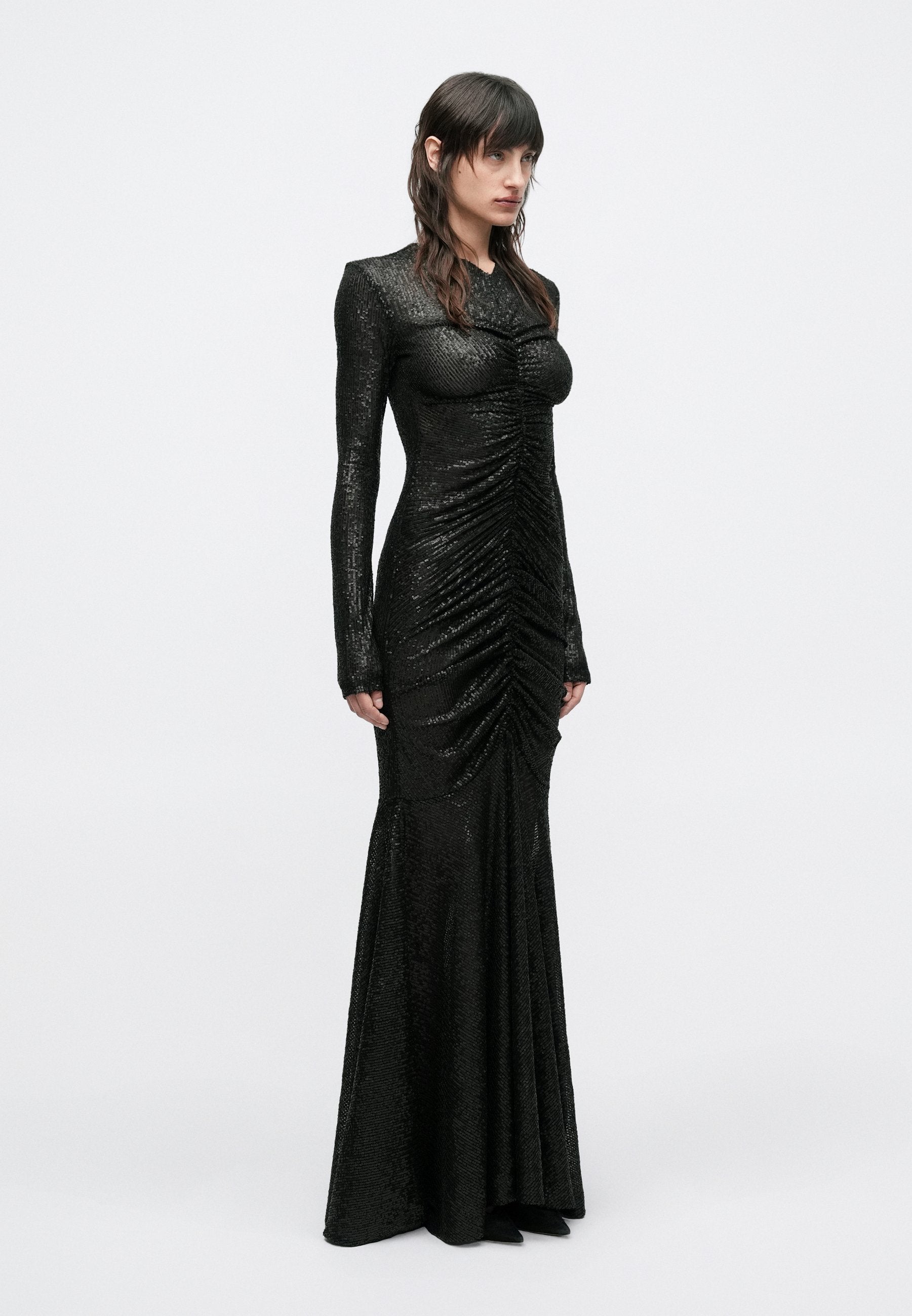 Norma Kamali LONG SLEEVE V NECK SHIRRED FRONT FISHTAIL GOWN