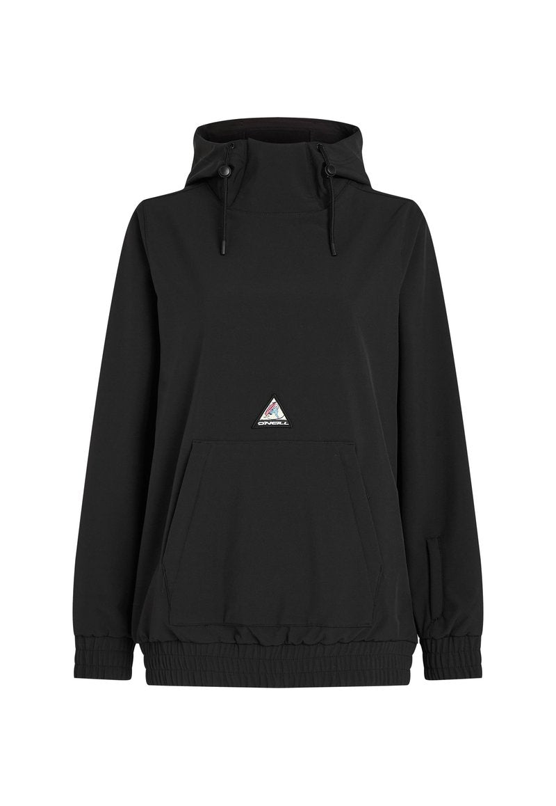 Schwarzer Kapuzenpullover mit hohem Kragen, Kordelzug, Fronttasche, elastischem Saum und einem dreieckigen Logopatch. Weicher, glatter Stoff.