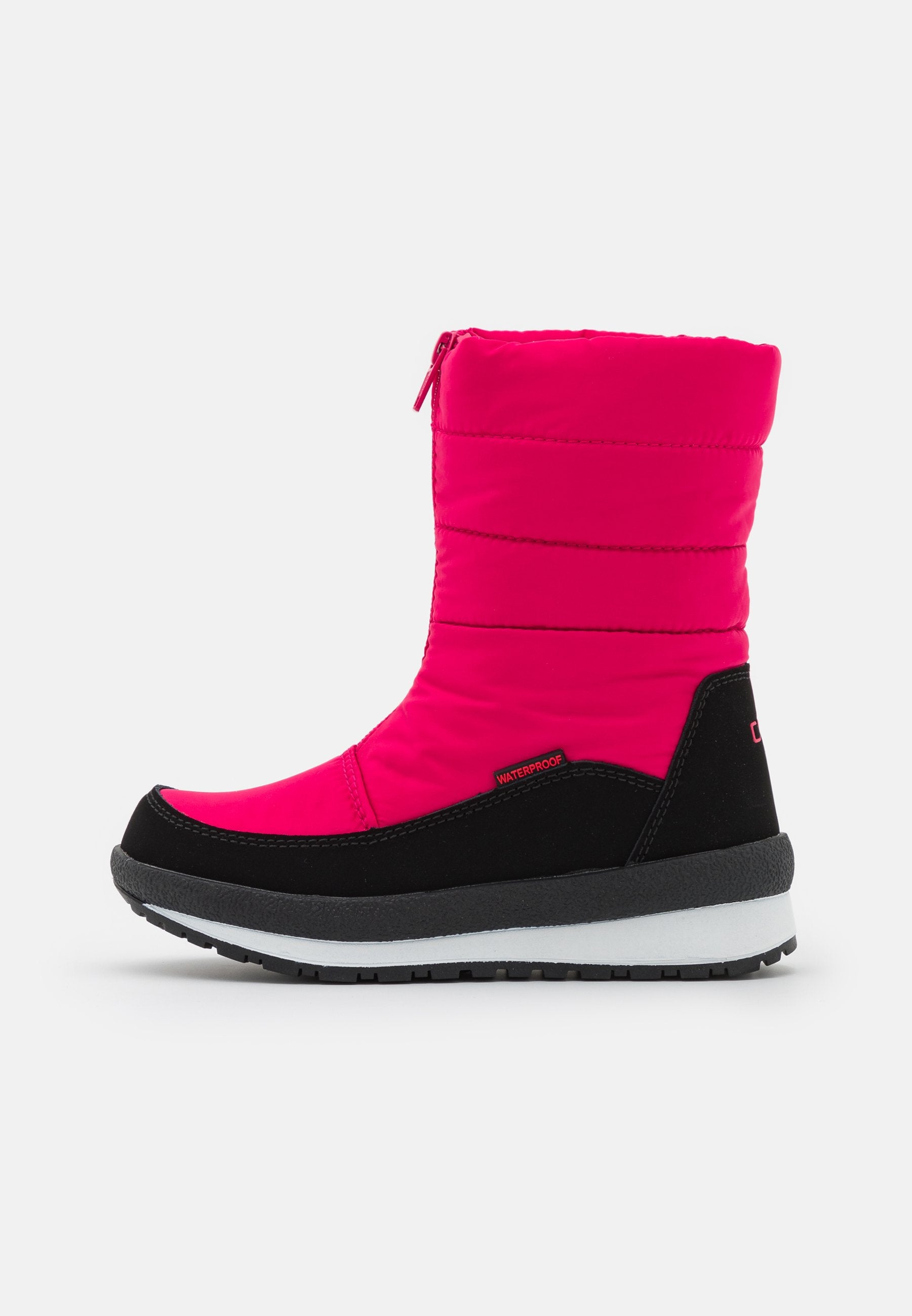 Wasserdichte Stiefel mit einem lebhaft pinkfarbenen Nylobermaterial, schwarzen Wildlederakzenten, einem gepolsterten Schaft und einer soliden Gummisohle mit einer weißen Zwischensohle.
