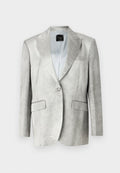 Hellgrauer Blazer mit glatter Textur, mit Revers, Ein-Knopf-Verschluss und zwei vorderen Taschen. Einfaches Design, taillierte Passform.
