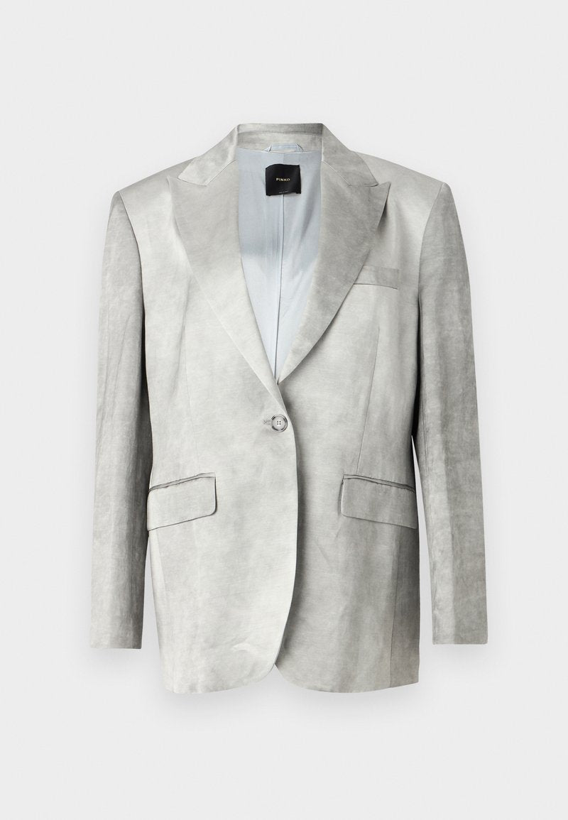 Hellgrauer Blazer mit glatter Textur, mit Revers, Ein-Knopf-Verschluss und zwei vorderen Taschen. Einfaches Design, taillierte Passform.