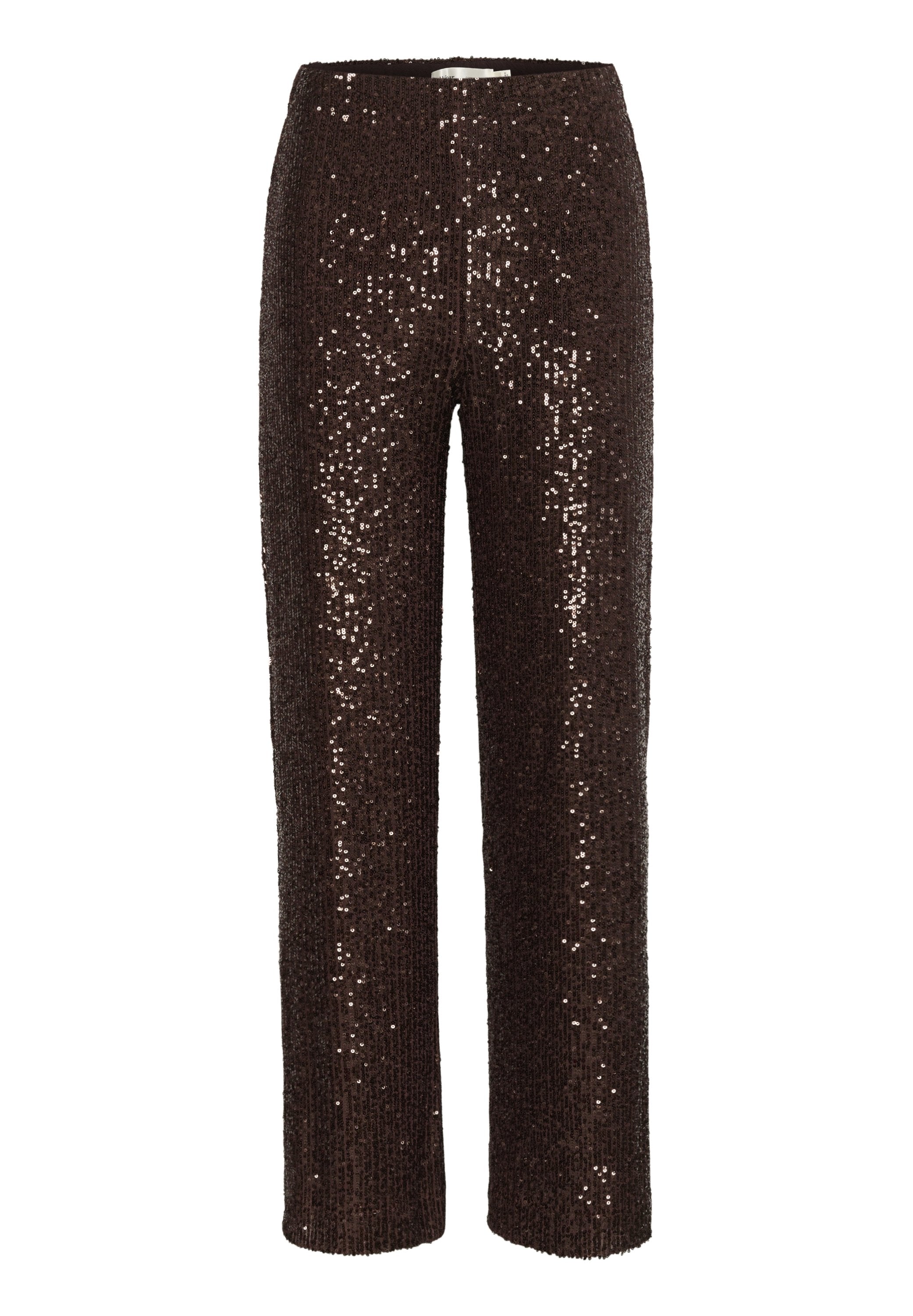 Braune Paillettenhose mit einer taillierten Silhouette, ausgestattet mit einem glatten Bund und einem schimmernden Muster auf der Stoffoberfläche.