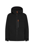 Schwarze wasserdichte Jacke mit Kapuze, ausgestattet mit orangen Reißverschlussanhängern, mehreren Taschen und verstellbaren Bündchen. Glatte Textur und schlichtes Design.