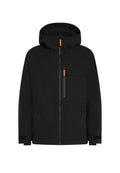Schwarze wasserdichte Jacke mit Kapuze, ausgestattet mit orangen Reißverschlussanhängern, mehreren Taschen und verstellbaren Bündchen. Glatte Textur und schlichtes Design.