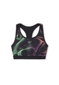 Sport-BH in Schwarz mit bunten Wirbeln in Lila, Grün und Orange. Verfügt über ein Racerback-Design und einen elastischen Bund mit Logo.