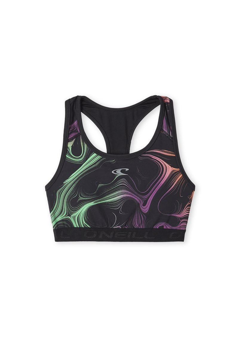Sport-BH in Schwarz mit bunten Wirbeln in Lila, Grün und Orange. Verfügt über ein Racerback-Design und einen elastischen Bund mit Logo.