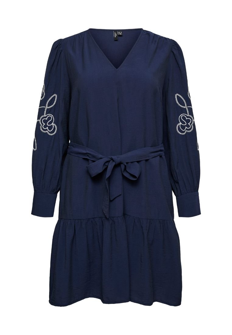 Marineblaues langärmeliges Kleid mit V-Ausschnitt, Blumenstickerei auf den Ärmeln und einem gebundenen Taillengürtel, mit gerafftem Rocksaum.