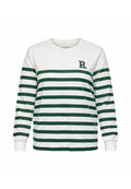 Langärmliger Sweatshirt mit Rundhalsausschnitt in grün-weißen horizontalen Streifen und einem kleinen gestickten Buchstaben "R" auf der Brust. Hergestellt aus weichem Stoff.