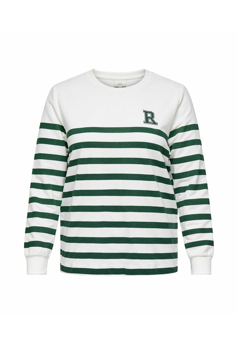 Langärmliger Sweatshirt mit Rundhalsausschnitt in grün-weißen horizontalen Streifen und einem kleinen gestickten Buchstaben "R" auf der Brust. Hergestellt aus weichem Stoff.