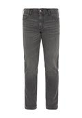 Dunkelgraue Jeans aus Denim mit geradem Schnitt, fünf Taschen und klassischem Knopfverschluss. Minimales Verblassen und keine sichtbaren Muster.