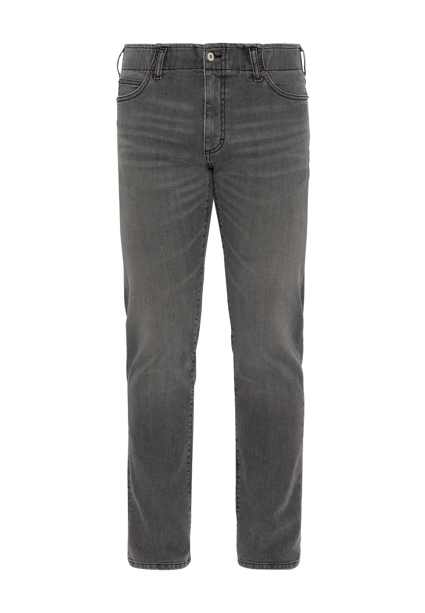Dunkelgraue Jeans aus Denim mit geradem Schnitt, fünf Taschen und klassischem Knopfverschluss. Minimales Verblassen und keine sichtbaren Muster.