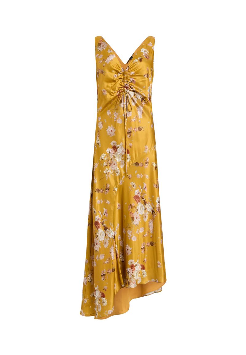 Gelbes Blumenkleid aus Satin mit V-Ausschnitt, gerafftem Oberteil und asymmetrischem Saum mit mehrfarbigen Blumenmustern.