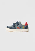 Blaue und graue Sneakers mit zwei Klettverschlüssen, rotem Akzent, Gummisohle und einer verspielten "ROAR"-Grafik mit einem Löwendesign an der Seite.