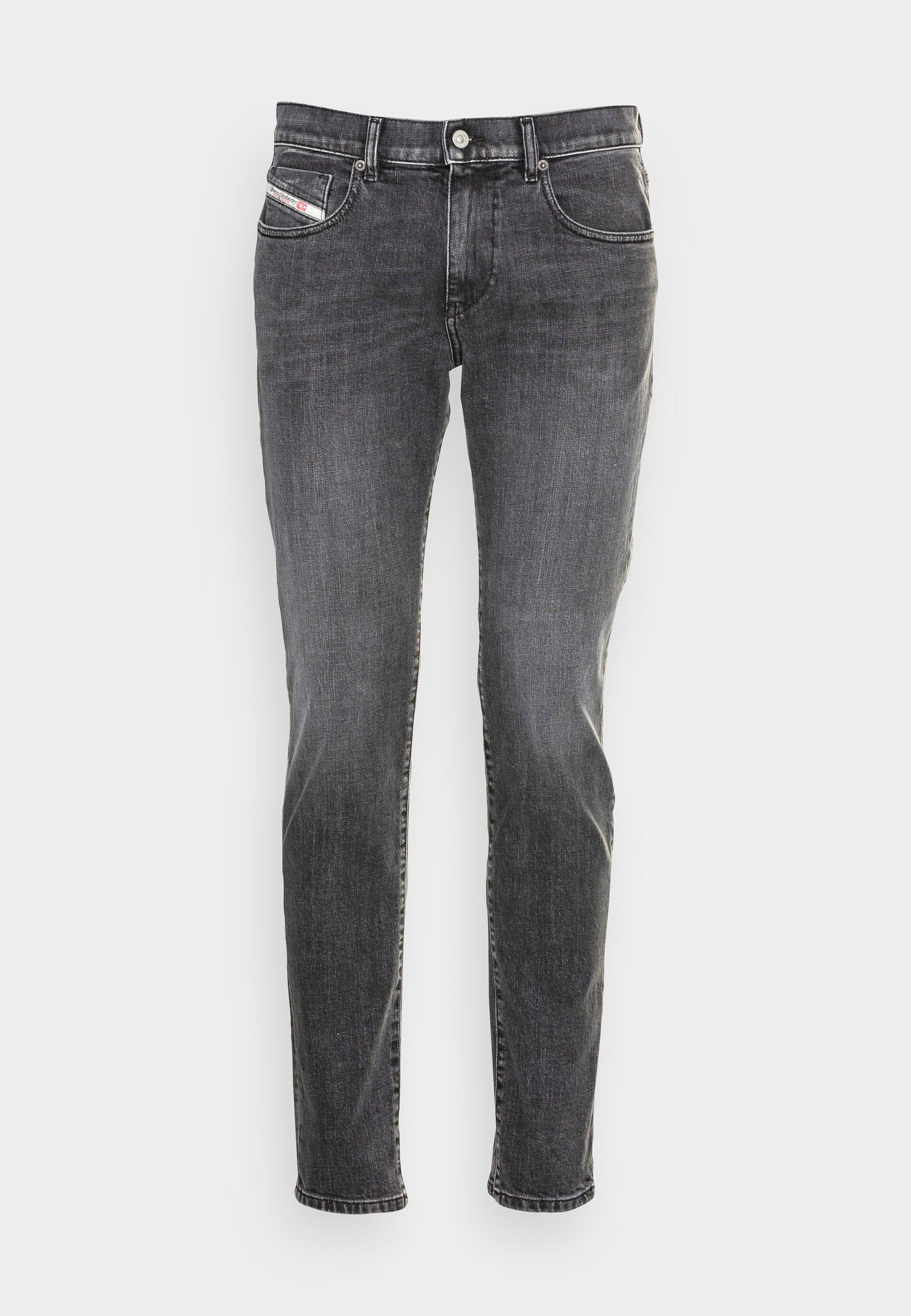 Dunkelgraue Jeans aus Denim, mit klassischem Fünf-Taschen-Design, Metallknopfverschluss und dezenten weißen Nähten.