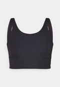 Schwarzer gerippter Bralette mit einem Rundhalsausschnitt, breiten Schulterträgern und einem figurbetonten Design. Glattes Material und ein breites Bündchen am Saum.