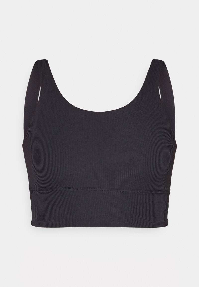 Schwarzer gerippter Bralette mit einem Rundhalsausschnitt, breiten Schulterträgern und einem figurbetonten Design. Glattes Material und ein breites Bündchen am Saum.