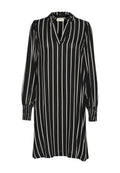 Schwarz-weiß gestreiftes Kleid mit tiefem V-Ausschnitt, langen puffärmeligen Ärmeln und elastischen Bündchen, aus einem leichten Stoff gefertigt.
