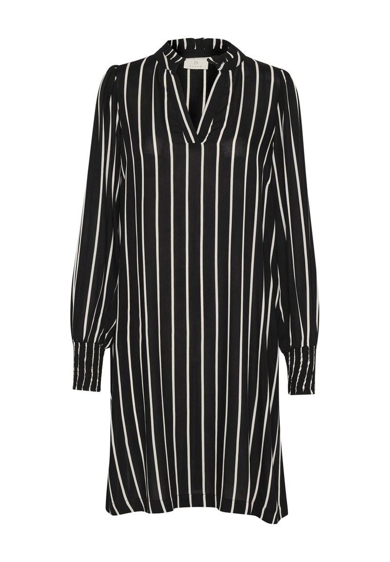 Schwarz-weiß gestreiftes Kleid mit tiefem V-Ausschnitt, langen puffärmeligen Ärmeln und elastischen Bündchen, aus einem leichten Stoff gefertigt.