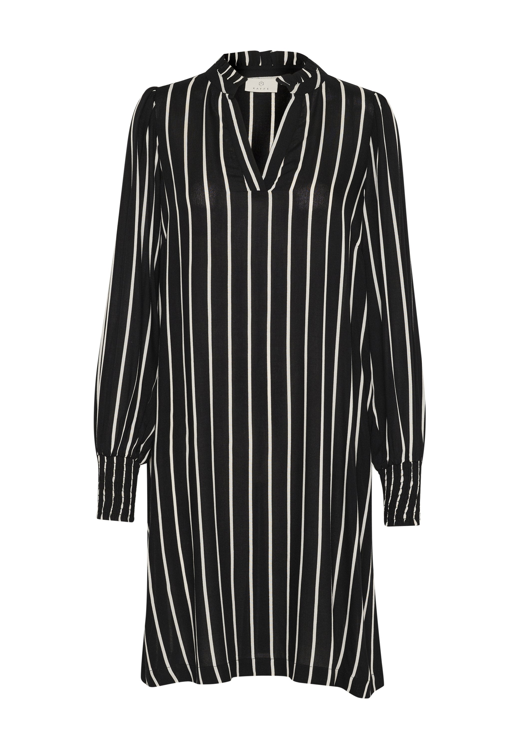 Schwarz-weiß gestreiftes Kleid mit tiefem V-Ausschnitt, langen puffärmeligen Ärmeln und elastischen Bündchen, aus einem leichten Stoff gefertigt.