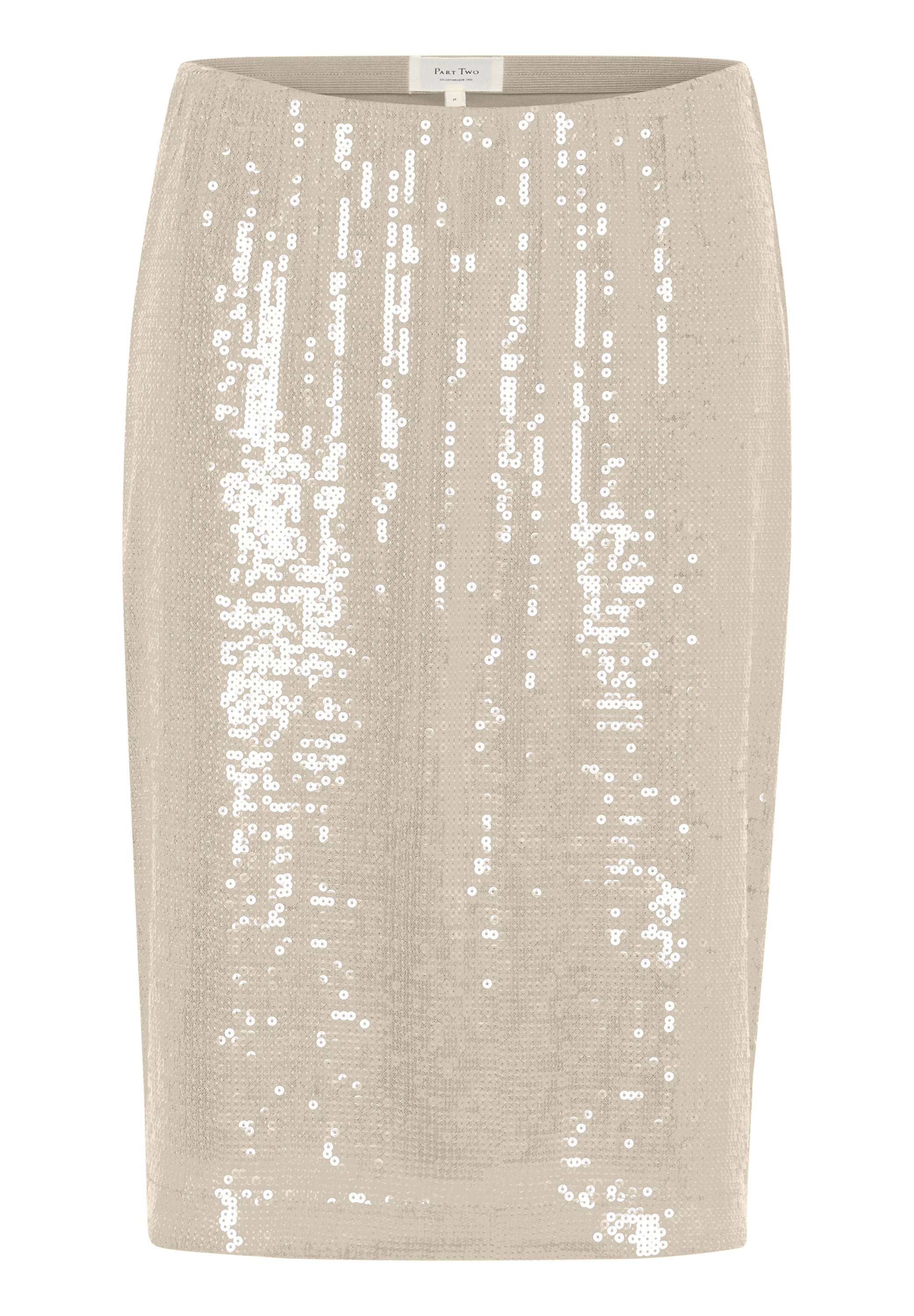 Beige Bleistiftrock, verziert mit verstreuten silbernen Pailletten, mit glatter Textur und figurbetontem Design. Dezenter Schimmer über den Stoff.