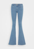Helle blaue Schlagjeans aus Denim mit einer taillierten Taille, weitem Beinöffnung und klassischem Fünf-Taschen-Design.