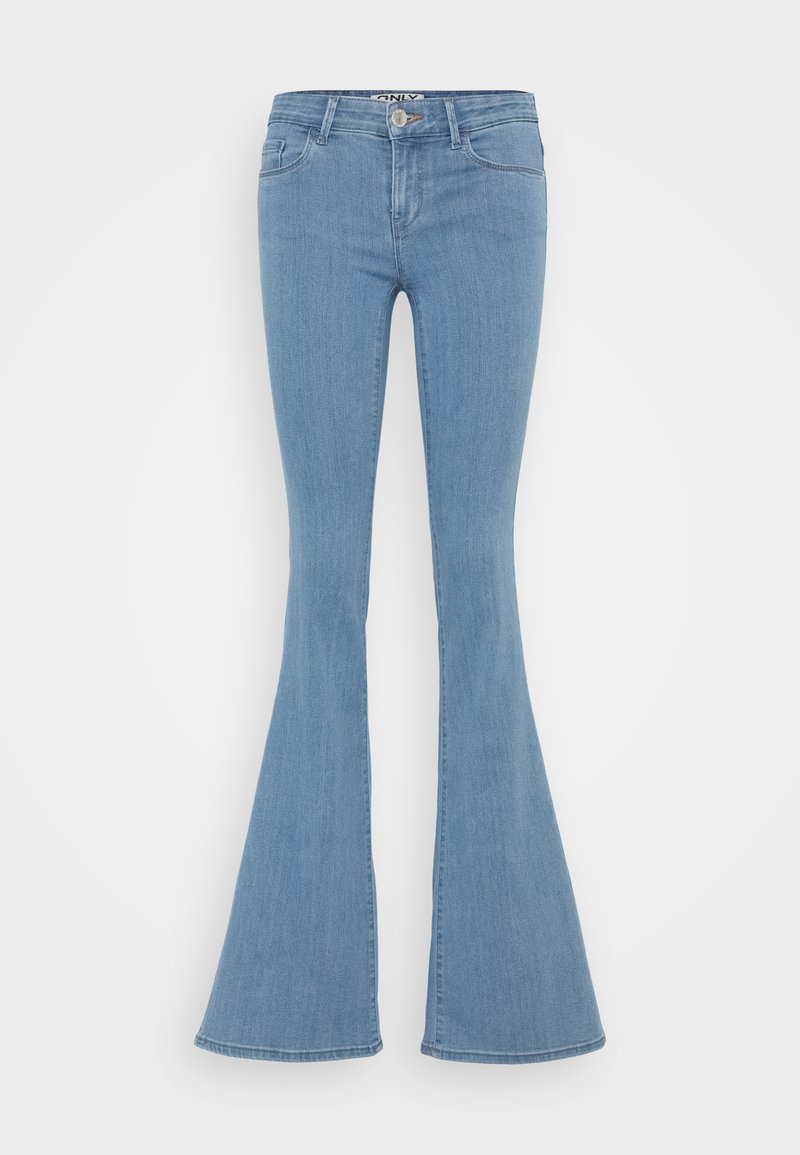 Helle blaue Schlagjeans aus Denim mit einer taillierten Taille, weitem Beinöffnung und klassischem Fünf-Taschen-Design.