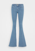 Helle blaue Schlagjeans aus Denim mit einer taillierten Taille, weitem Beinöffnung und klassischem Fünf-Taschen-Design.