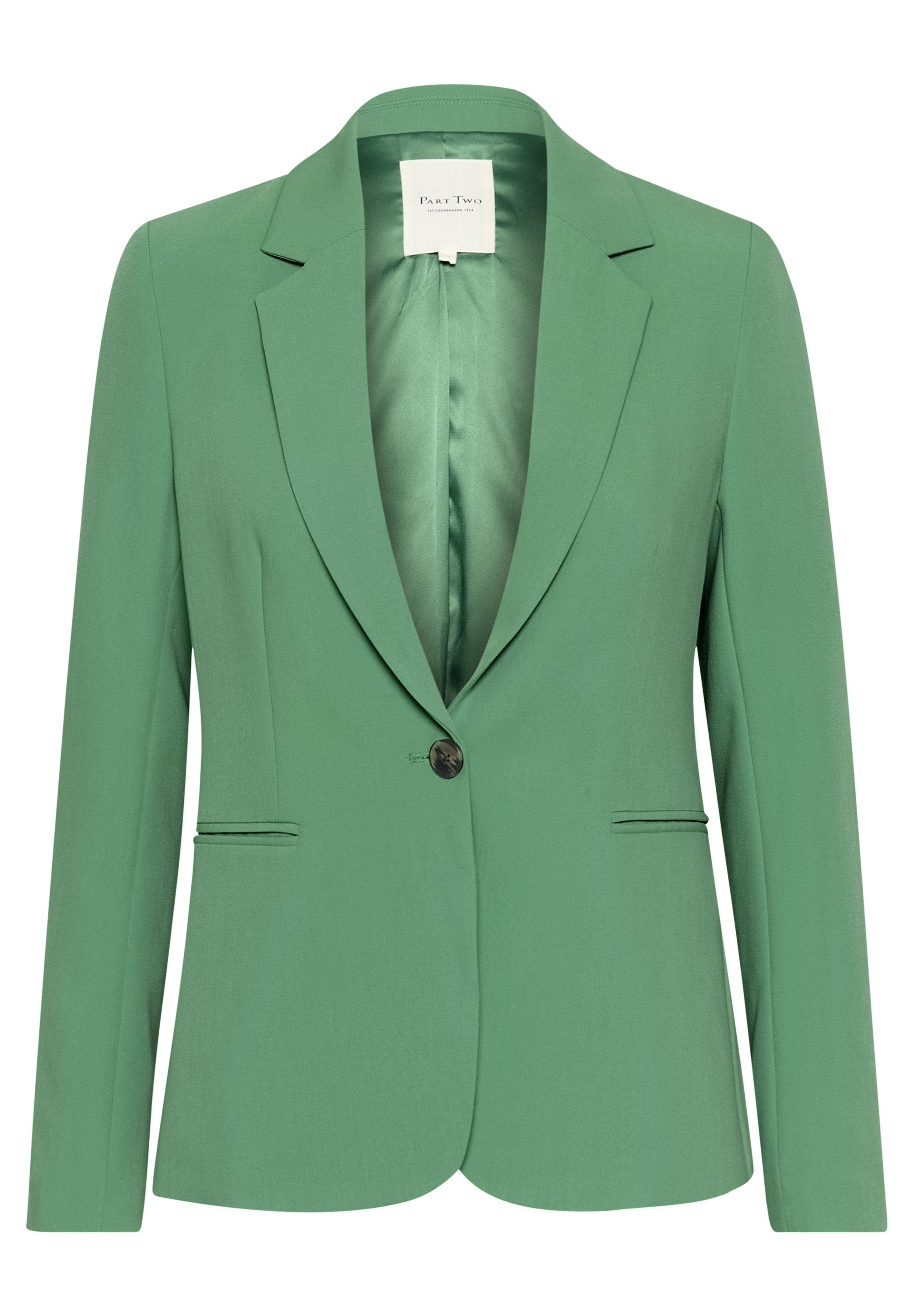 Grüne Blazer aus glattem Stoff, mit einem Reverskragen, einer Knopfverschluss und zwei vorderen Taschen sowie einer taillierten Passform.