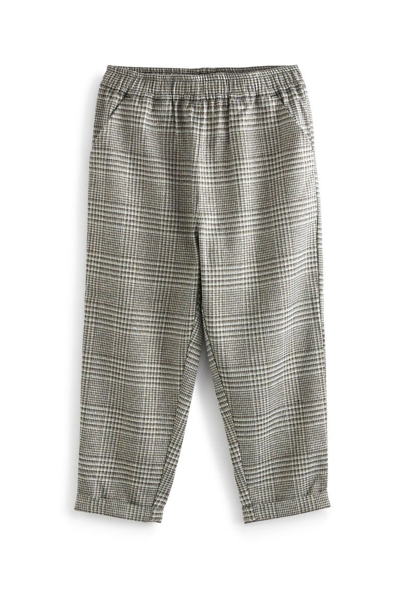 Graue und schwarze karierte Hose mit elastischem Bund und schmal geschnittenem Bein, ausgestattet mit einer weichen Textur und einem dezenten Gittermuster.
