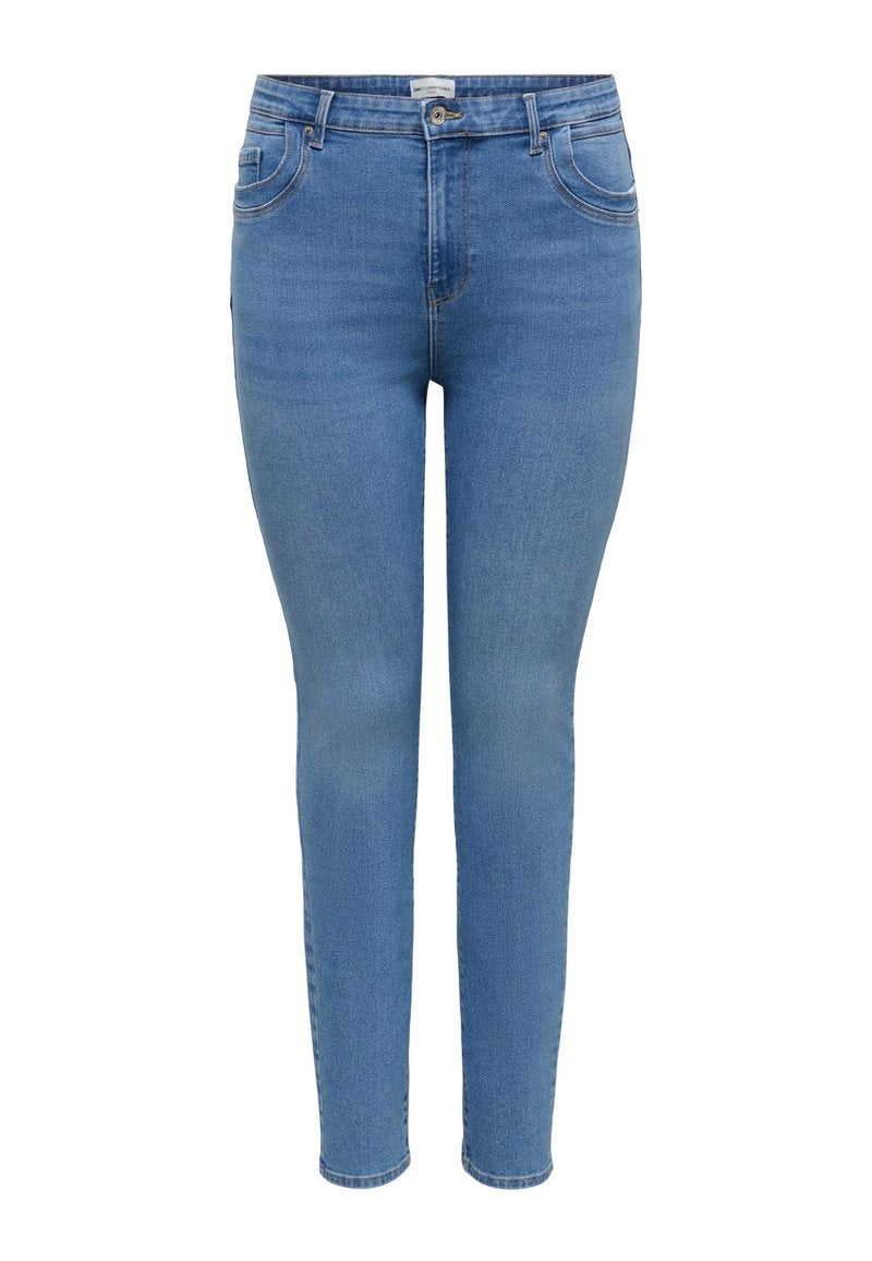 Hellblaue Slim-Fit-Denim-Jeans mit Frontknopf, Reißverschluss und Fünf-Taschen-Design auf weißem Hintergrund.