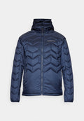Marineblauer Pufferjacke mit einem Zickzackmuster, Reißverschluss und Kapuze. Aus glattem, glänzendem Material gefertigt. Verfügt über elastische Bündchen.