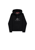 Schwarzer Hoodie mit einer vorderen Tasche, Kordelzugkapuze und einem Grafiklogo in der Mitte. Hergestellt aus einem weichen Material mit gerippten Bündchen und Saum.