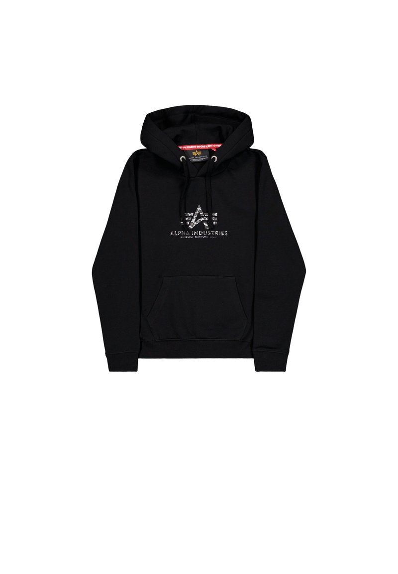 Schwarzer Hoodie mit einer vorderen Tasche, Kordelzugkapuze und einem Grafiklogo in der Mitte. Hergestellt aus einem weichen Material mit gerippten Bündchen und Saum.