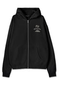 Schwarze Zip-Up-Hoodie mit einer Fronttasche, Kapuze mit Kordelzug und geripptem Saum. Fällt durch ein gesticktes Design auf der Brust auf. Weiche Stofftextur.