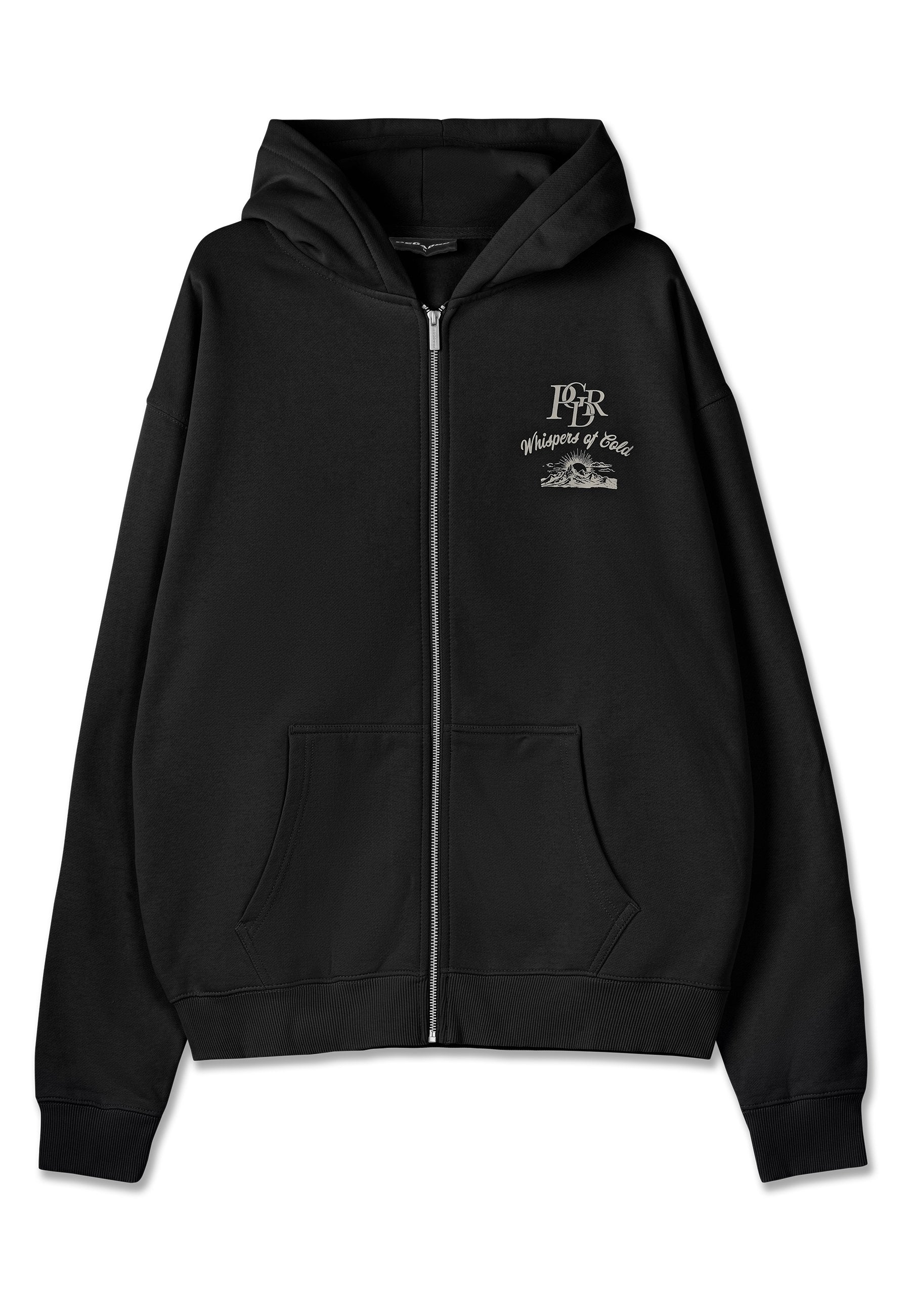 Schwarze Zip-Up-Hoodie mit einer Fronttasche, Kapuze mit Kordelzug und geripptem Saum. Fällt durch ein gesticktes Design auf der Brust auf. Weiche Stofftextur.