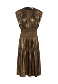 Bronzefarbenes, metallisches Kleid mit gerafftem Bund, kurzen Ärmeln und einem gestuften Rock. Glatte Textur und Reißverschluss auf der Rückseite.