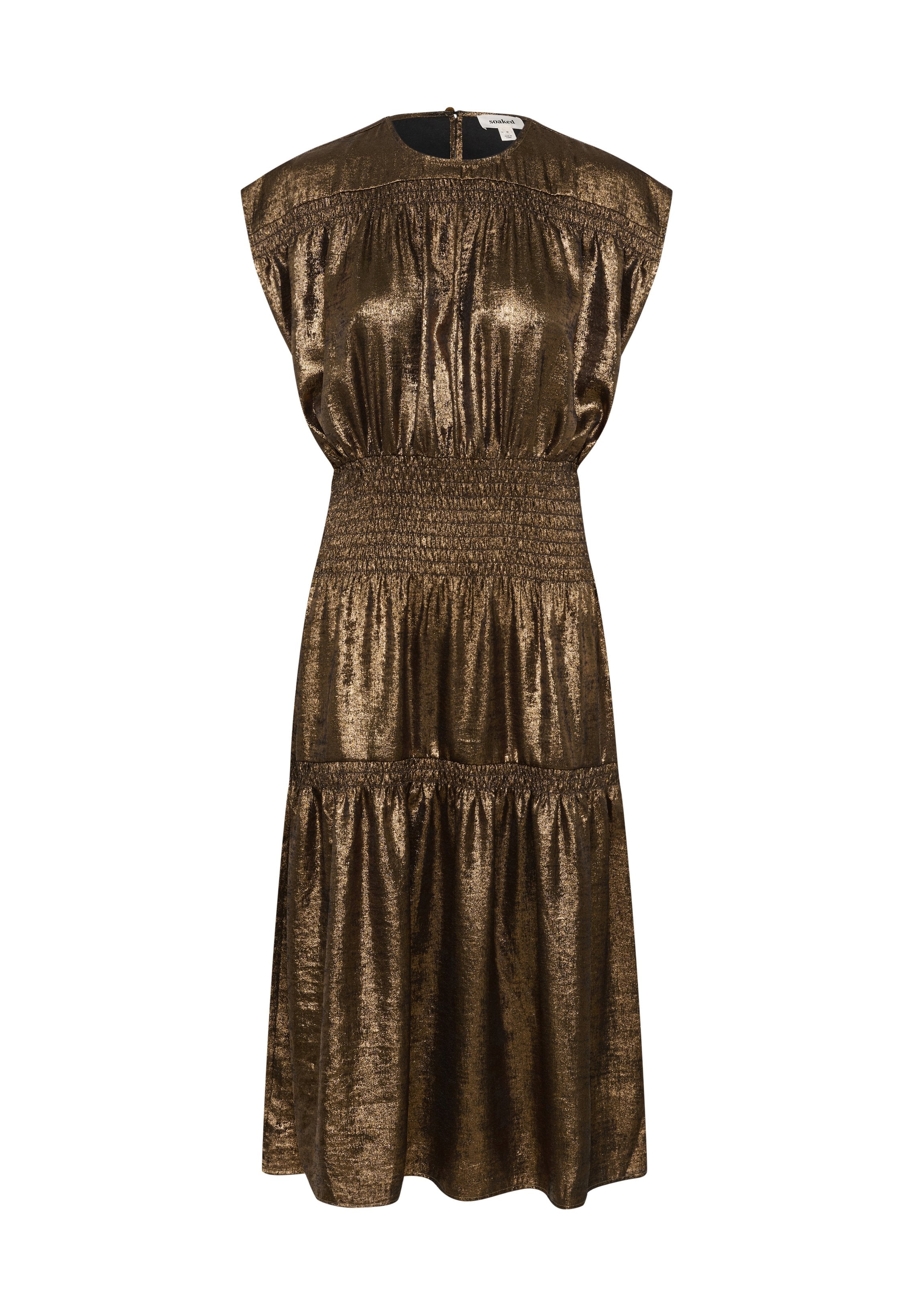 Bronzefarbenes, metallisches Kleid mit gerafftem Bund, kurzen Ärmeln und einem gestuften Rock. Glatte Textur und Reißverschluss auf der Rückseite.