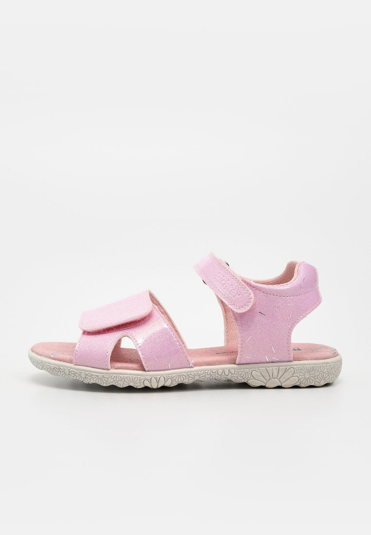 Kindersandale in Pink mit offenem Zehenbereich, verstellbaren Klettverschlüssen und Gummisohle mit Blumenmuster, seitlich dargestellt.