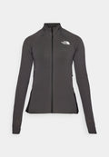 Schwarze Zip-Jacke mit hohem Kragen, strukturiertem Stoff und langen Ärmeln. Mit dem Logo von The North Face auf der oberen linken Seite.