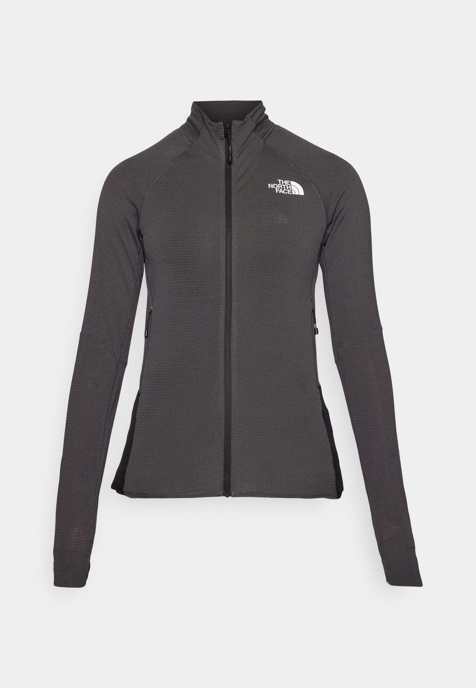 Schwarze Zip-Jacke mit hohem Kragen, strukturiertem Stoff und langen Ärmeln. Mit dem Logo von The North Face auf der oberen linken Seite.