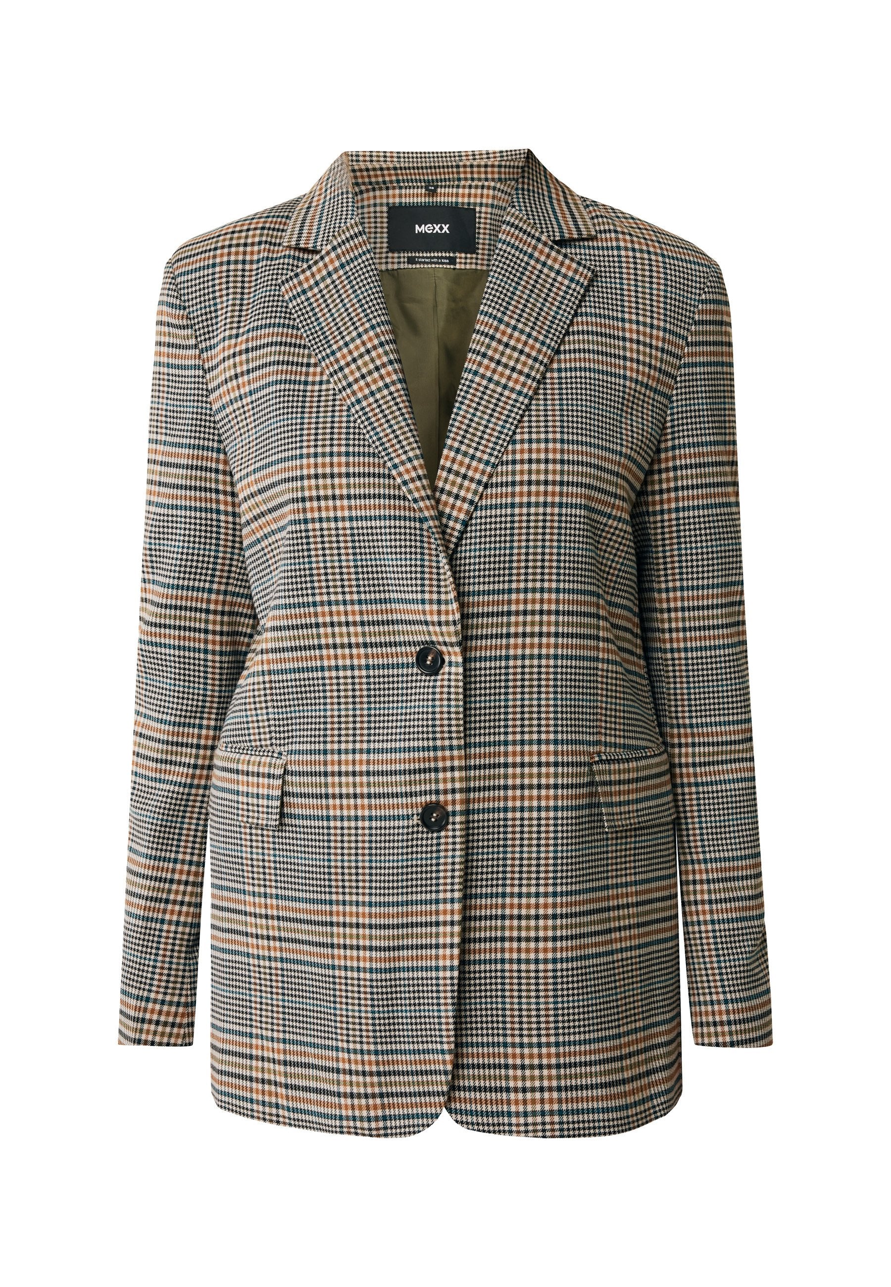 Kariertes Blazer in einer Mischung aus grünen, schwarzen und orangefarbenen Tönen. Er hat einen Zwei-Knopf-Verschluss, zwei Vorderaschen und einen Reverskragen.