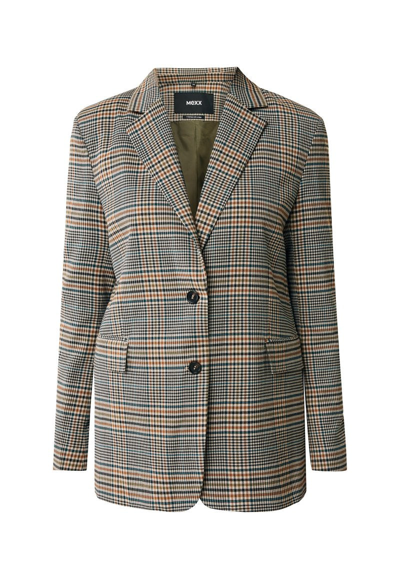 Kariertes Blazer in einer Mischung aus grünen, schwarzen und orangefarbenen Tönen. Er hat einen Zwei-Knopf-Verschluss, zwei Vorderaschen und einen Reverskragen.