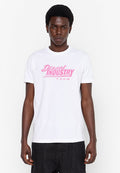 Weißes Baumwoll-T-Shirt mit Rundhalsausschnitt und kurzen Ärmeln, das auf der Vorderseite ein pinkes Logo mit dem Text "Diesel INDUSTRY TEAM" zeigt.