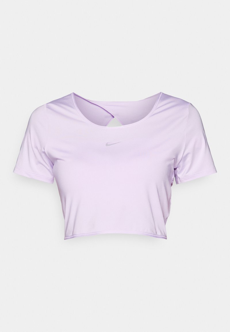 Hellblau, kurzärmliges, kurzes Sportshirt mit runder Ausschnitt und subtilen Nike-Logo in Grau. Glattes, elastisches Material.