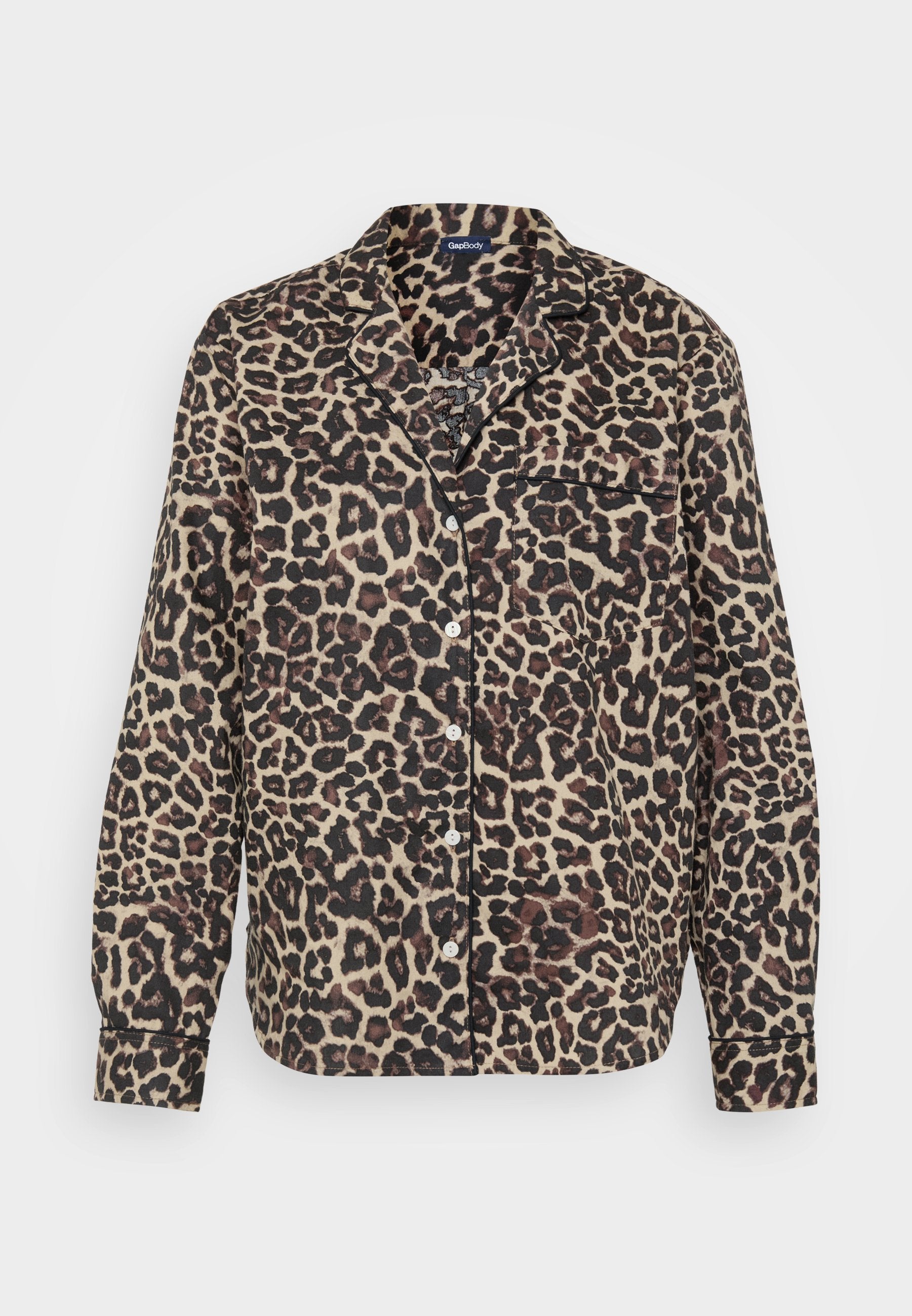 Leopardenmusterhemd aus beige und schwarzem Stoff. Mit Kragen, durchgehendem Knopfverschluss, einer Brusttasche und langen Ärmeln mit geknöpften Manschetten.