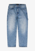 Hellblaue Jeans aus Denim mit hoher Taille, geradem Bein, fünf Taschen und leicht ausgewaschenem Look für einen getragenen Effekt.